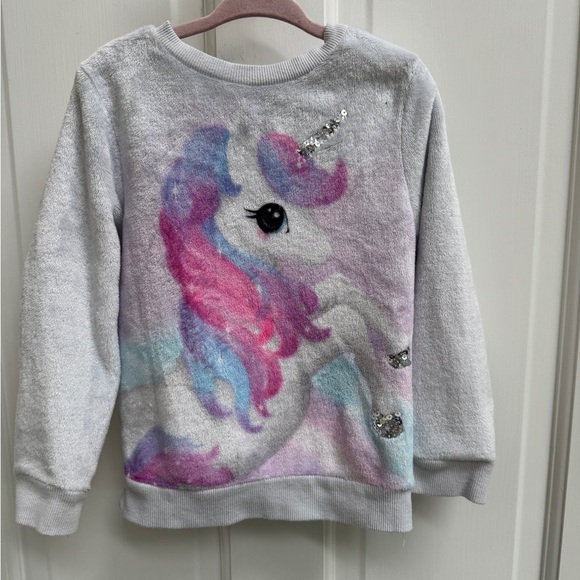 H&M 3-4Y 3T Girls Unicorn Sparkly Fuzzy Sweater - Gray with Pink and Purple - Picture 1 of 7